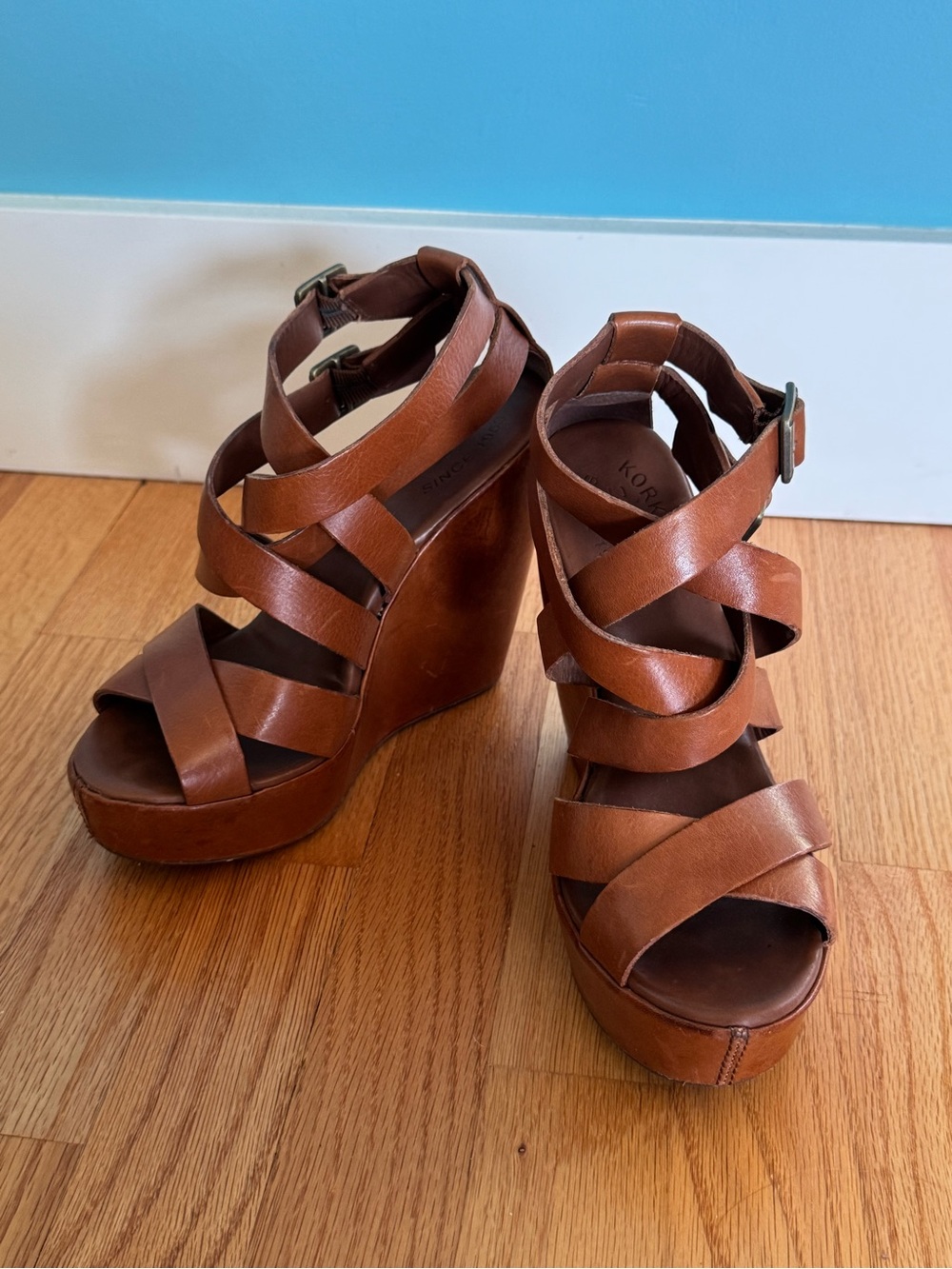 Korkease Cognac Brown Leather Strappy Wedge Sandals